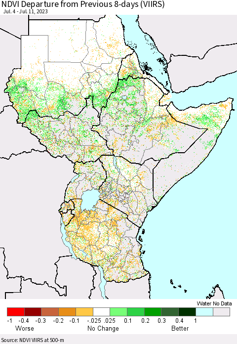 Eastern Africa NDVI Departure from Previous 8-days (VIIRS) Thematic Map For 7/4/2023 - 7/11/2023