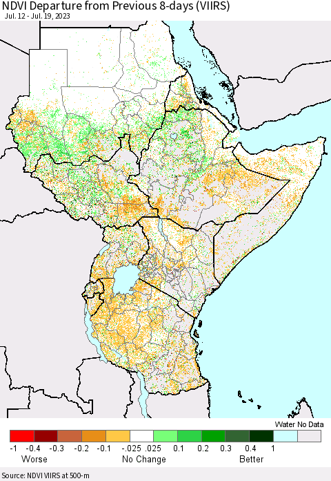Eastern Africa NDVI Departure from Previous 8-days (VIIRS) Thematic Map For 7/12/2023 - 7/19/2023