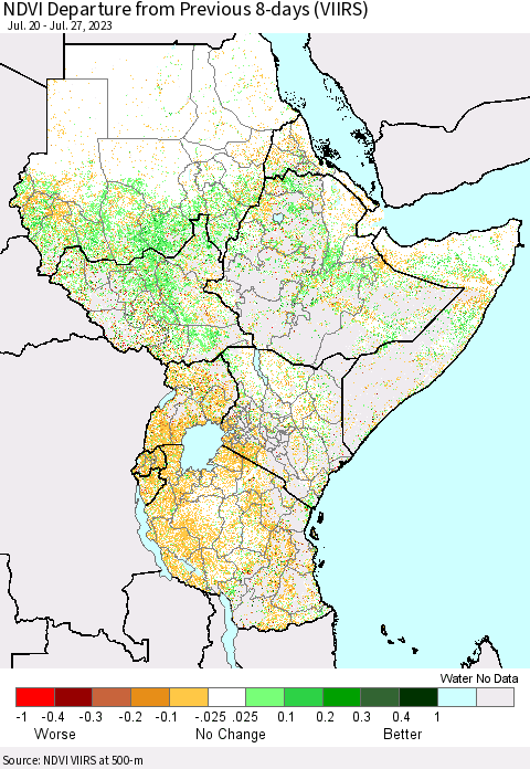 Eastern Africa NDVI Departure from Previous 8-days (VIIRS) Thematic Map For 7/20/2023 - 7/27/2023