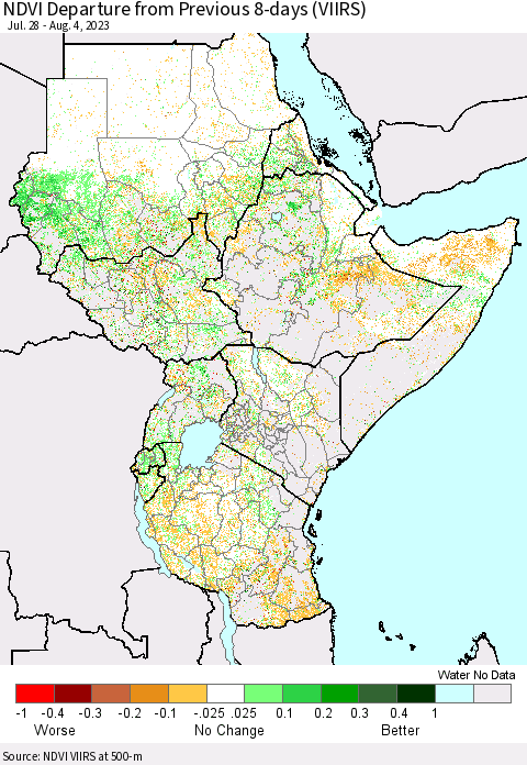 Eastern Africa NDVI Departure from Previous 8-days (VIIRS) Thematic Map For 7/28/2023 - 8/4/2023
