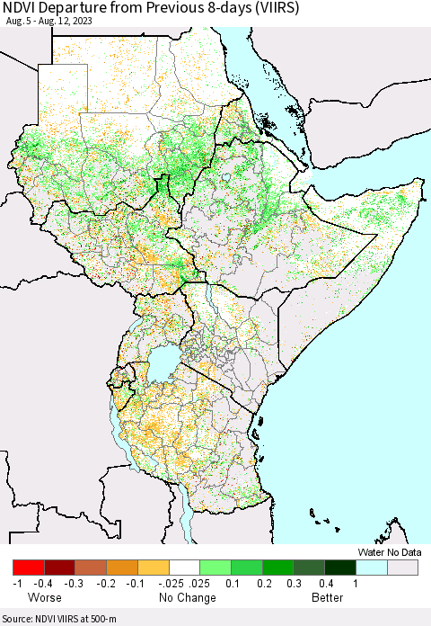 Eastern Africa NDVI Departure from Previous 8-days (VIIRS) Thematic Map For 8/5/2023 - 8/12/2023