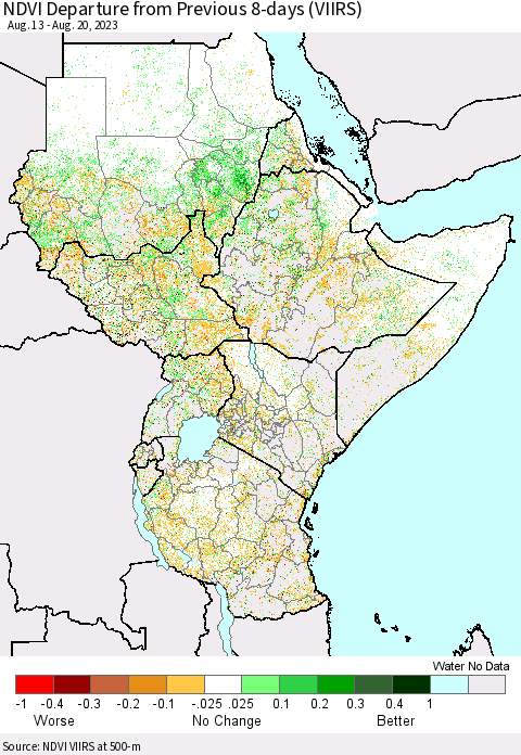 Eastern Africa NDVI Departure from Previous 8-days (VIIRS) Thematic Map For 8/13/2023 - 8/20/2023