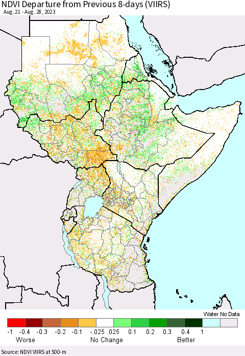 Eastern Africa NDVI Departure from Previous 8-days (VIIRS) Thematic Map For 8/21/2023 - 8/28/2023