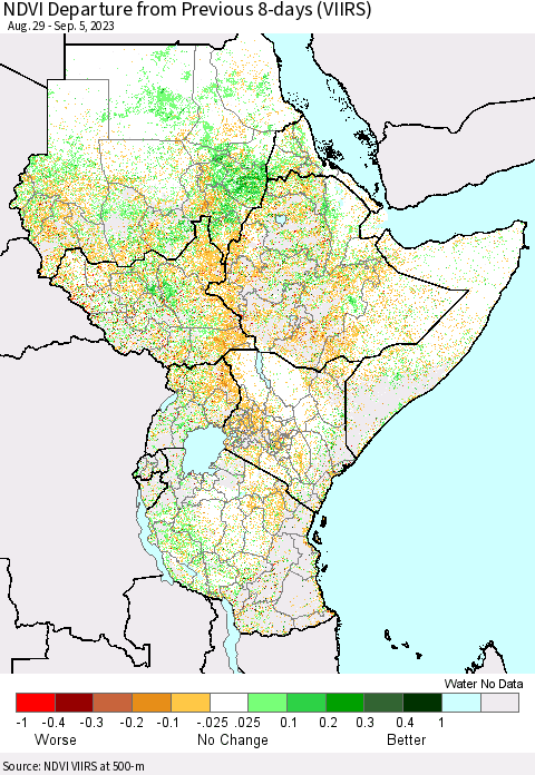 Eastern Africa NDVI Departure from Previous 8-days (VIIRS) Thematic Map For 8/29/2023 - 9/5/2023