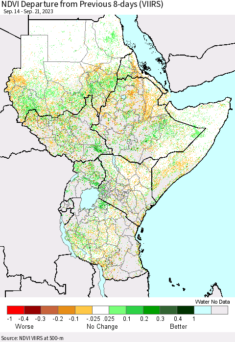 Eastern Africa NDVI Departure from Previous 8-days (VIIRS) Thematic Map For 9/14/2023 - 9/21/2023
