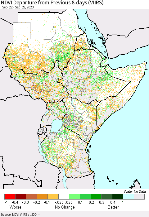 Eastern Africa NDVI Departure from Previous 8-days (VIIRS) Thematic Map For 9/22/2023 - 9/29/2023