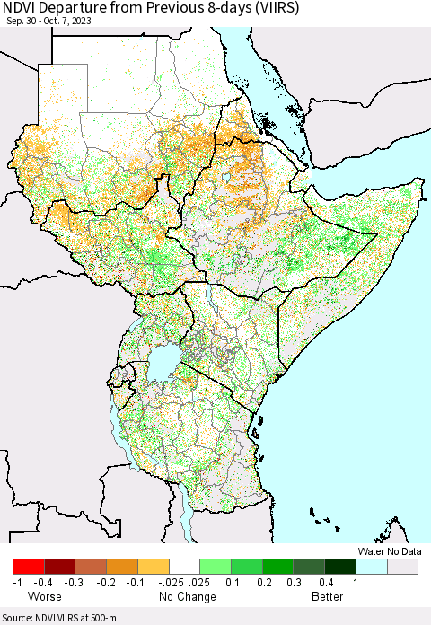 Eastern Africa NDVI Departure from Previous 8-days (VIIRS) Thematic Map For 9/30/2023 - 10/7/2023