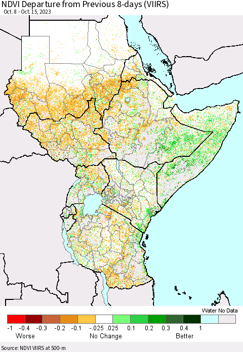 Eastern Africa NDVI Departure from Previous 8-days (VIIRS) Thematic Map For 10/8/2023 - 10/15/2023