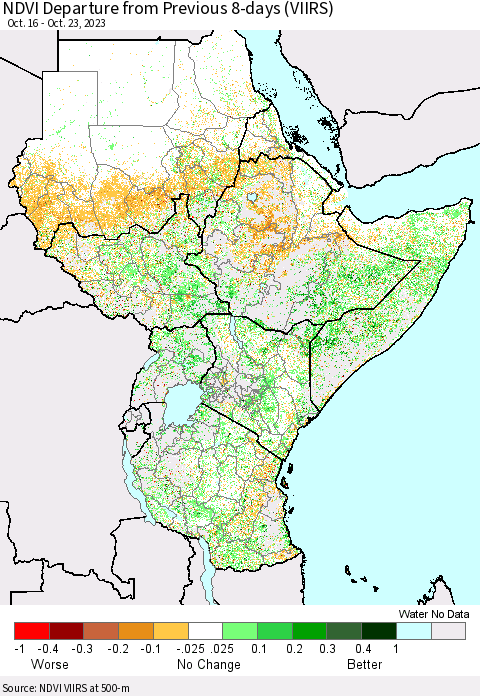 Eastern Africa NDVI Departure from Previous 8-days (VIIRS) Thematic Map For 10/16/2023 - 10/23/2023