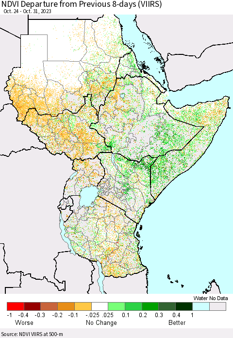 Eastern Africa NDVI Departure from Previous 8-days (VIIRS) Thematic Map For 10/24/2023 - 10/31/2023