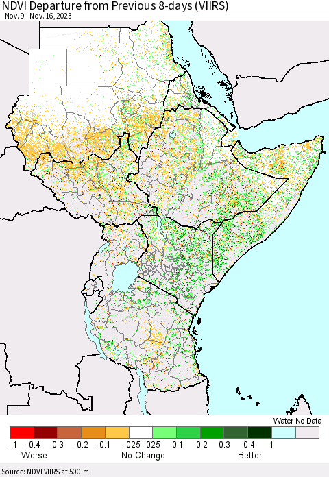 Eastern Africa NDVI Departure from Previous 8-days (VIIRS) Thematic Map For 11/9/2023 - 11/16/2023