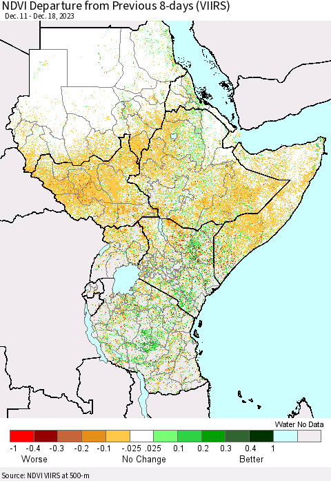 Eastern Africa NDVI Departure from Previous 8-days (VIIRS) Thematic Map For 12/11/2023 - 12/18/2023