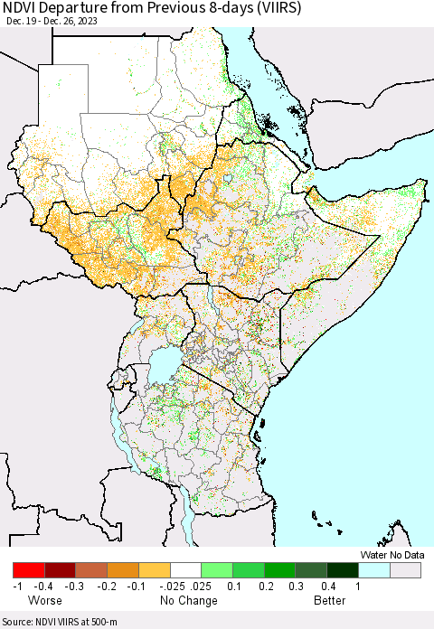 Eastern Africa NDVI Departure from Previous 8-days (VIIRS) Thematic Map For 12/19/2023 - 12/26/2023