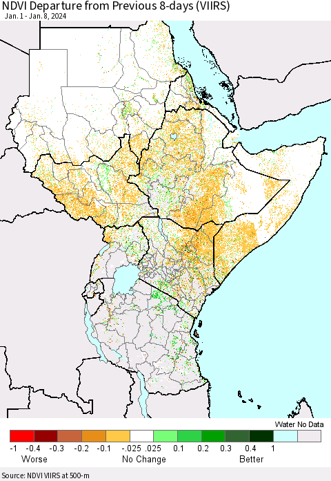 Eastern Africa NDVI Departure from Previous 8-days (VIIRS) Thematic Map For 1/1/2024 - 1/8/2024