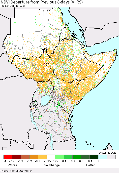 Eastern Africa NDVI Departure from Previous 8-days (VIIRS) Thematic Map For 1/9/2024 - 1/16/2024