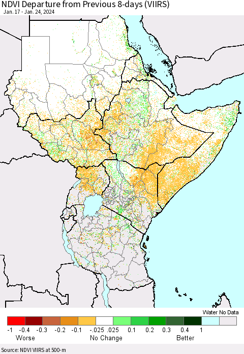 Eastern Africa NDVI Departure from Previous 8-days (VIIRS) Thematic Map For 1/17/2024 - 1/24/2024