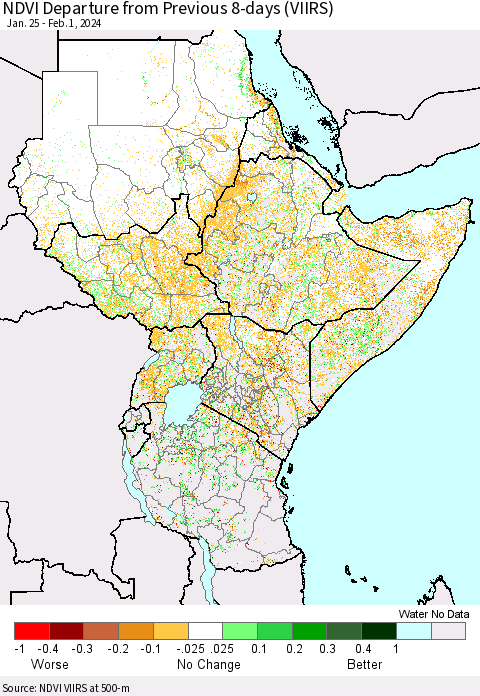 Eastern Africa NDVI Departure from Previous 8-days (VIIRS) Thematic Map For 1/25/2024 - 2/1/2024
