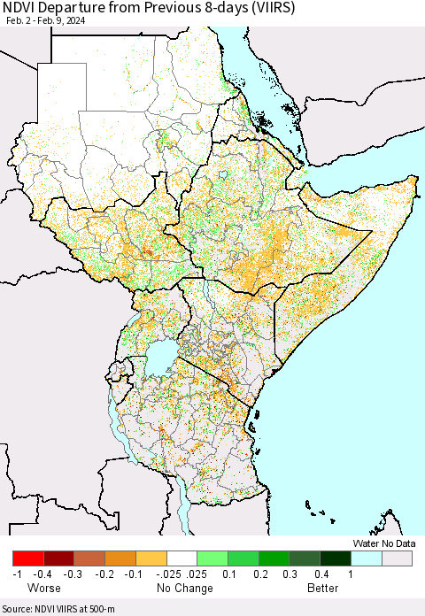 Eastern Africa NDVI Departure from Previous 8-days (VIIRS) Thematic Map For 2/2/2024 - 2/9/2024