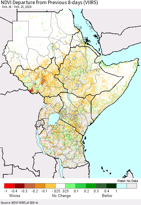 Eastern Africa NDVI Departure from Previous 8-days (VIIRS) Thematic Map For 2/18/2024 - 2/25/2024
