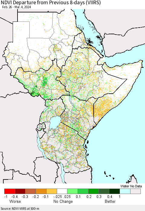 Eastern Africa NDVI Departure from Previous 8-days (VIIRS) Thematic Map For 2/26/2024 - 3/4/2024