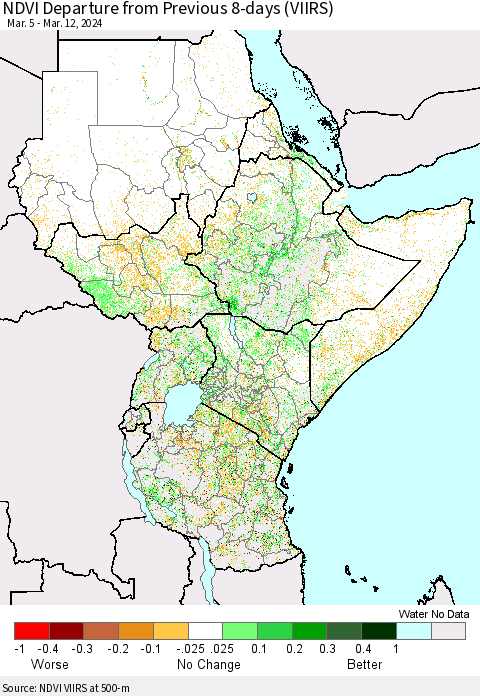 Eastern Africa NDVI Departure from Previous 8-days (VIIRS) Thematic Map For 3/5/2024 - 3/12/2024
