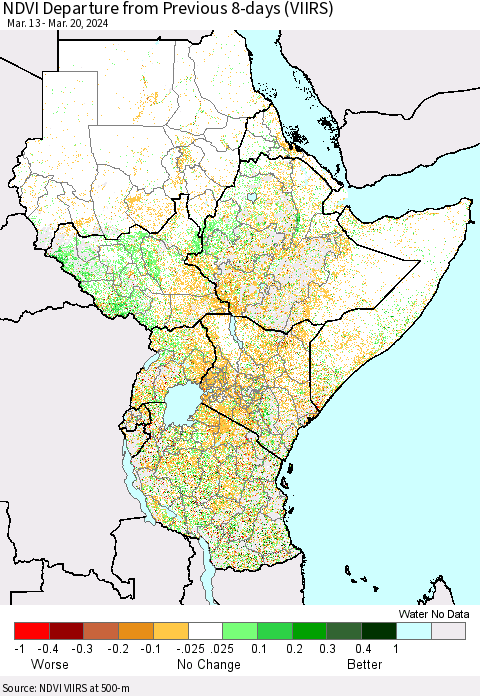 Eastern Africa NDVI Departure from Previous 8-days (VIIRS) Thematic Map For 3/13/2024 - 3/20/2024