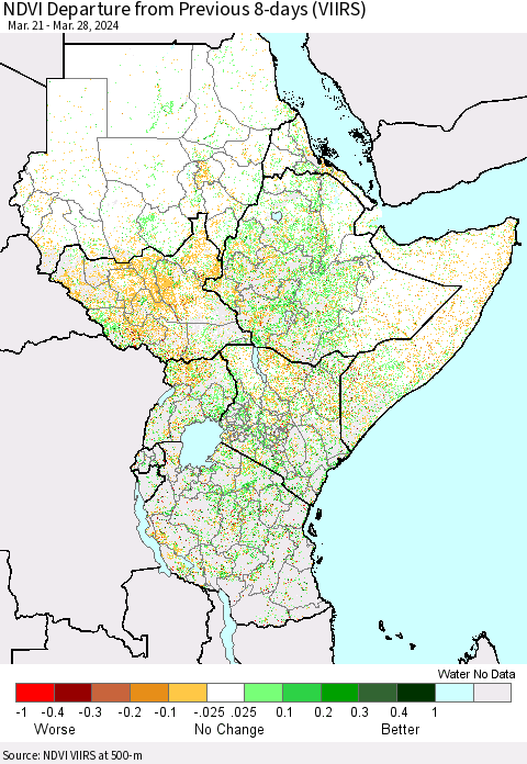 Eastern Africa NDVI Departure from Previous 8-days (VIIRS) Thematic Map For 3/21/2024 - 3/28/2024
