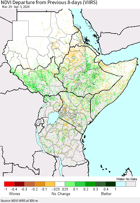 Eastern Africa NDVI Departure from Previous 8-days (VIIRS) Thematic Map For 3/29/2024 - 4/5/2024