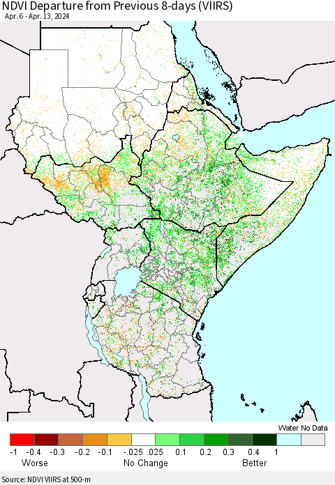 Eastern Africa NDVI Departure from Previous 8-days (VIIRS) Thematic Map For 4/6/2024 - 4/13/2024