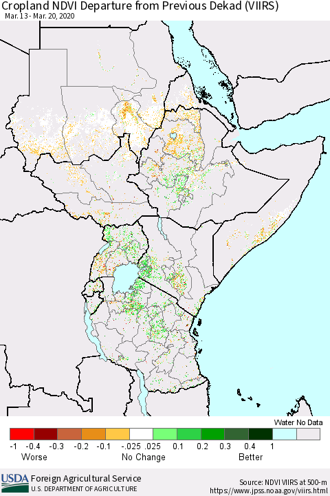 Eastern Africa Cropland NDVI Departure from Previous Dekad (VIIRS) Thematic Map For 3/11/2020 - 3/20/2020