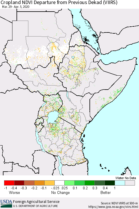 Eastern Africa Cropland NDVI Departure from Previous Dekad (VIIRS) Thematic Map For 4/1/2020 - 4/10/2020