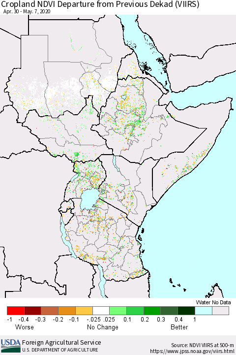 Eastern Africa Cropland NDVI Departure from Previous Dekad (VIIRS) Thematic Map For 5/1/2020 - 5/10/2020