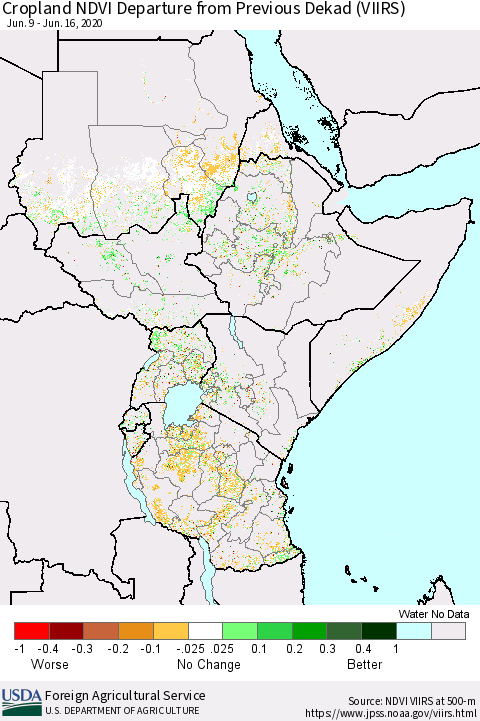 Eastern Africa Cropland NDVI Departure from Previous Dekad (VIIRS) Thematic Map For 6/11/2020 - 6/20/2020
