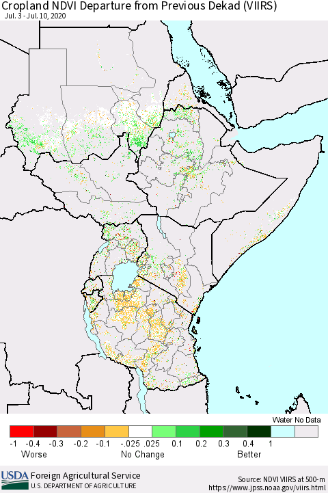 Eastern Africa Cropland NDVI Departure from Previous Dekad (VIIRS) Thematic Map For 7/1/2020 - 7/10/2020