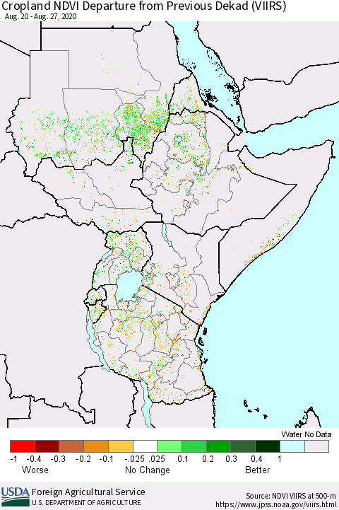 Eastern Africa Cropland NDVI Departure from Previous Dekad (VIIRS) Thematic Map For 8/21/2020 - 8/31/2020