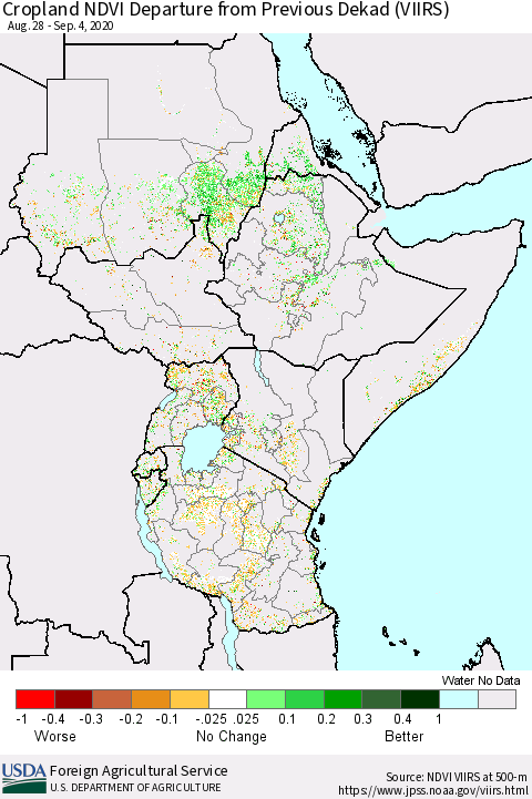 Eastern Africa Cropland NDVI Departure from Previous Dekad (VIIRS) Thematic Map For 9/1/2020 - 9/10/2020