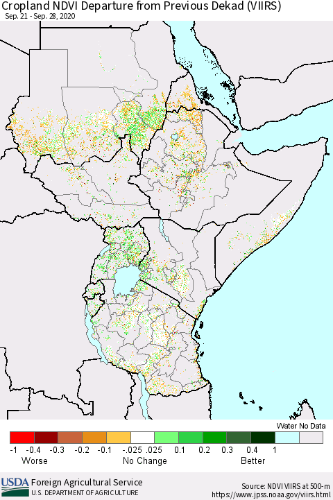 Eastern Africa Cropland NDVI Departure from Previous Dekad (VIIRS) Thematic Map For 9/21/2020 - 9/30/2020