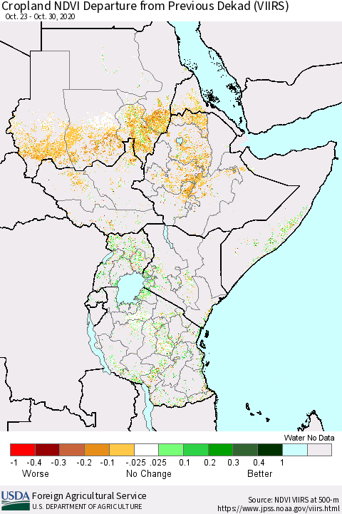 Eastern Africa Cropland NDVI Departure from Previous Dekad (VIIRS) Thematic Map For 10/21/2020 - 10/31/2020