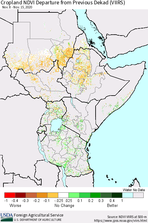 Eastern Africa Cropland NDVI Departure from Previous Dekad (VIIRS) Thematic Map For 11/11/2020 - 11/20/2020