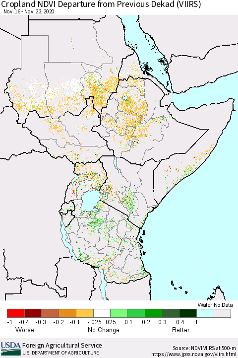 Eastern Africa Cropland NDVI Departure from Previous Dekad (VIIRS) Thematic Map For 11/21/2020 - 11/30/2020