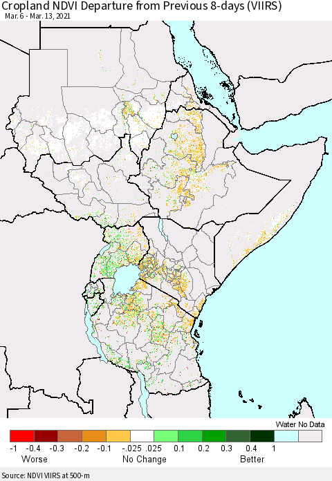 Eastern Africa Cropland NDVI Departure from Previous 8-days (VIIRS) Thematic Map For 3/6/2021 - 3/13/2021