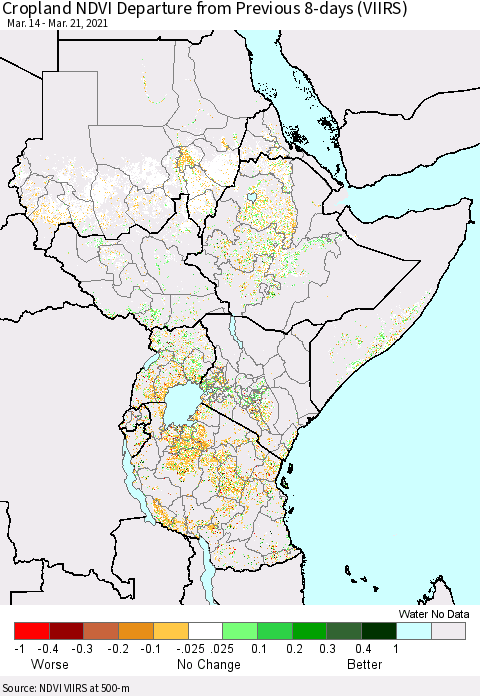 Eastern Africa Cropland NDVI Departure from Previous 8-days (VIIRS) Thematic Map For 3/14/2021 - 3/21/2021