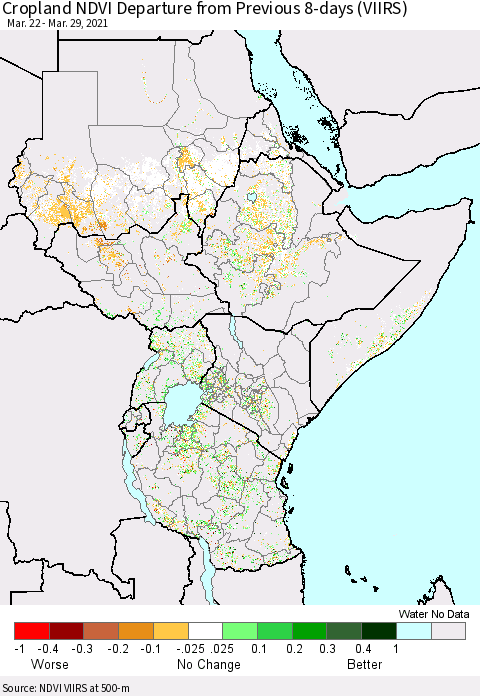 Eastern Africa Cropland NDVI Departure from Previous 8-days (VIIRS) Thematic Map For 3/22/2021 - 3/29/2021
