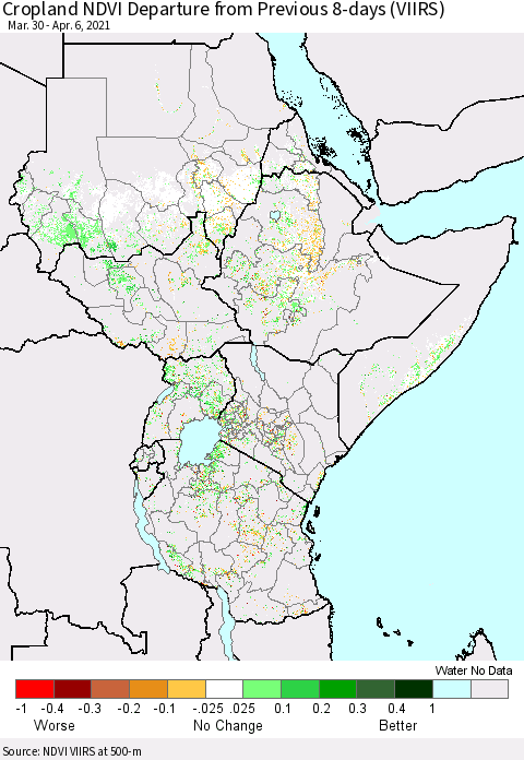 Eastern Africa Cropland NDVI Departure from Previous 8-days (VIIRS) Thematic Map For 3/30/2021 - 4/6/2021