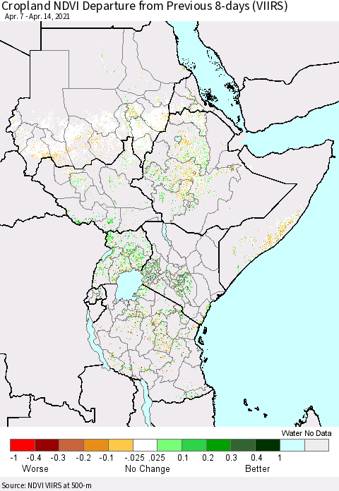 Eastern Africa Cropland NDVI Departure from Previous 8-days (VIIRS) Thematic Map For 4/7/2021 - 4/14/2021
