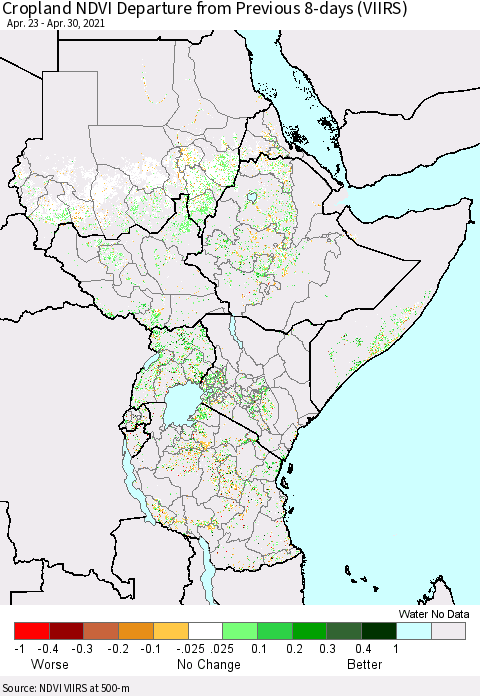 Eastern Africa Cropland NDVI Departure from Previous 8-days (VIIRS) Thematic Map For 4/23/2021 - 4/30/2021