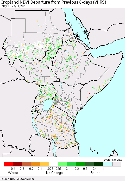 Eastern Africa Cropland NDVI Departure from Previous 8-days (VIIRS) Thematic Map For 5/1/2021 - 5/8/2021