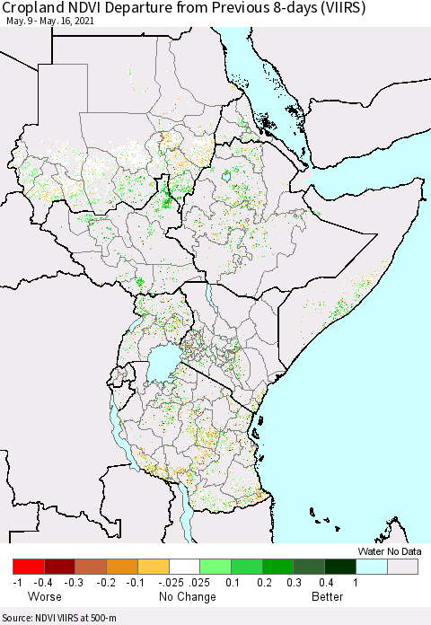 Eastern Africa Cropland NDVI Departure from Previous 8-days (VIIRS) Thematic Map For 5/9/2021 - 5/16/2021