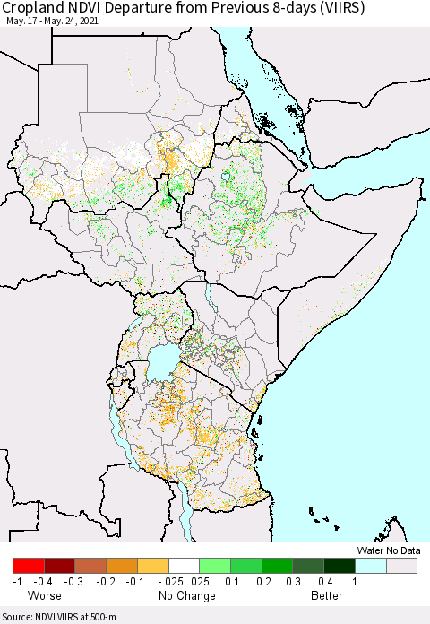 Eastern Africa Cropland NDVI Departure from Previous 8-days (VIIRS) Thematic Map For 5/17/2021 - 5/24/2021