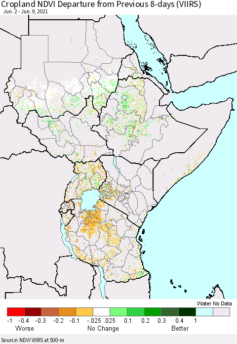 Eastern Africa Cropland NDVI Departure from Previous 8-days (VIIRS) Thematic Map For 6/2/2021 - 6/9/2021